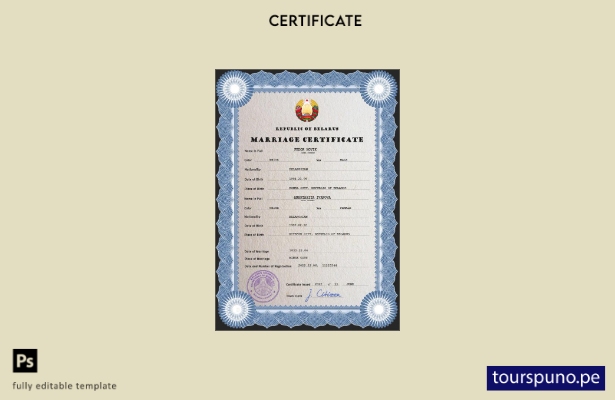 Plantilla de certificado de matrimonio de Bielorrusia lista para imprimir